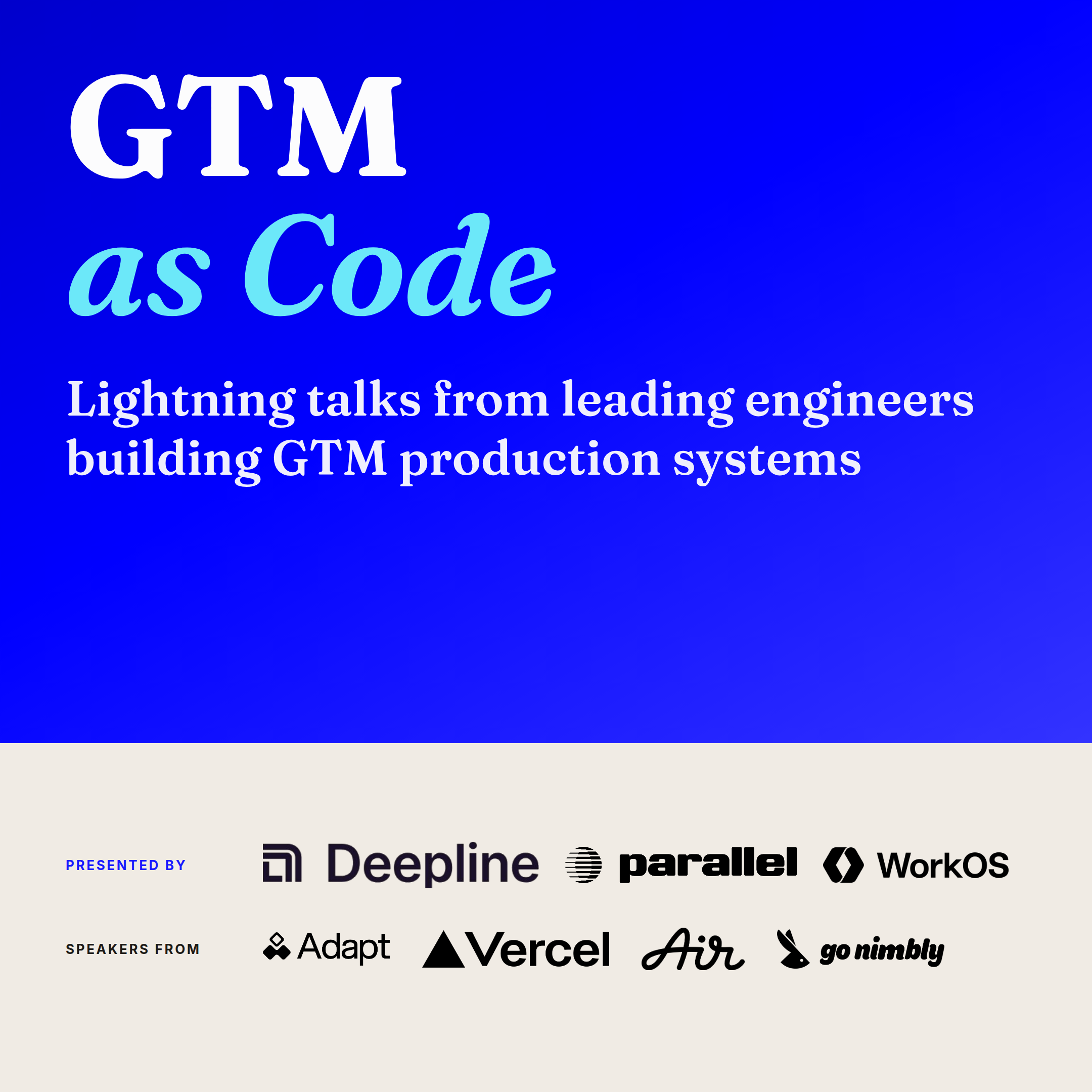 GTM as Code NYC event cover from Luma with Deepline, Parallel, WorkOS, and speaker organization marks.